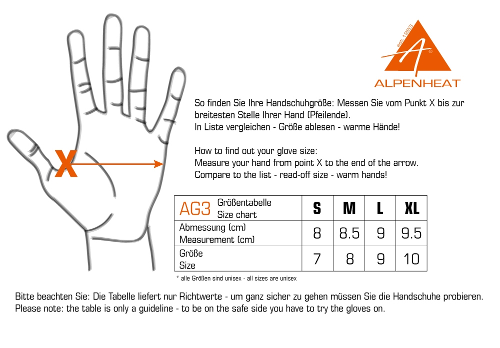 alpenheat grelne rokavice allround size chart