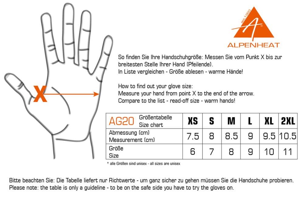 alpenheat ag20 gloves size chart