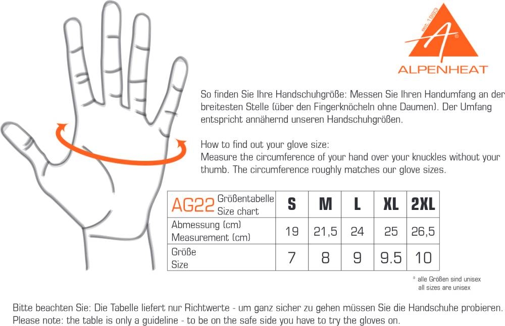 alpenheat ag22 gloves size chart