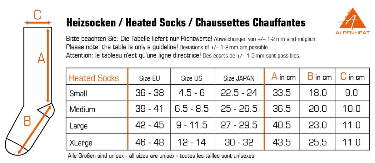 alpenheat heated socks size chart